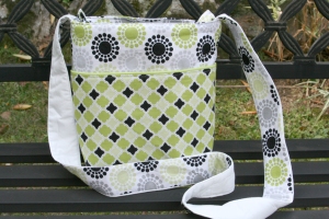 Love this fabric. Not sure I can part with this one! Fun green, black and white crossbody bag, great for a shopping day.